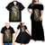 Custom Christmas Bass Fishing Family Matching Off Shoulder Maxi Dress and Hawaiian Shirt Santa Hat and Holiday Lights on Black Background - Wonder Print Shop