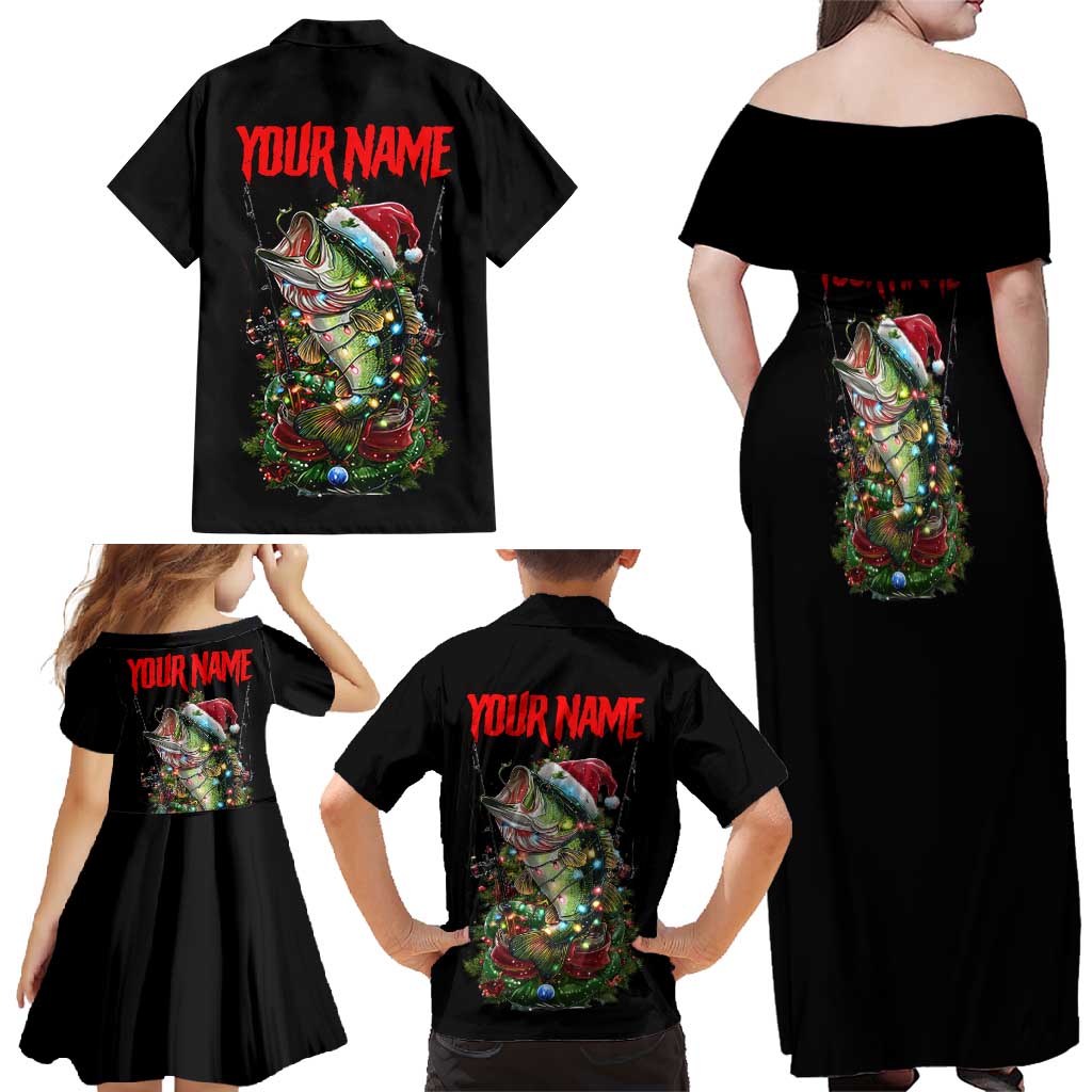 Custom Christmas Bass Fishing Family Matching Off Shoulder Maxi Dress and Hawaiian Shirt Santa Hat and Holiday Lights on Black Background - Wonder Print Shop