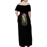 Custom Christmas Bass Fishing Family Matching Off Shoulder Maxi Dress and Hawaiian Shirt Santa Hat and Holiday Lights on Black Background - Wonder Print Shop