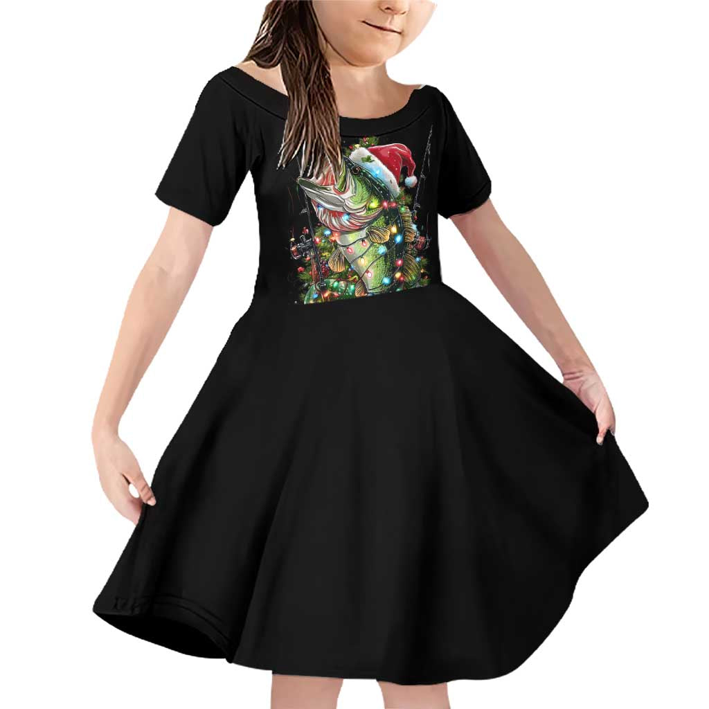 Custom Christmas Bass Fishing Family Matching Off Shoulder Short Dress and Hawaiian Shirt Santa Hat and Holiday Lights on Black Background - Wonder Print Shop