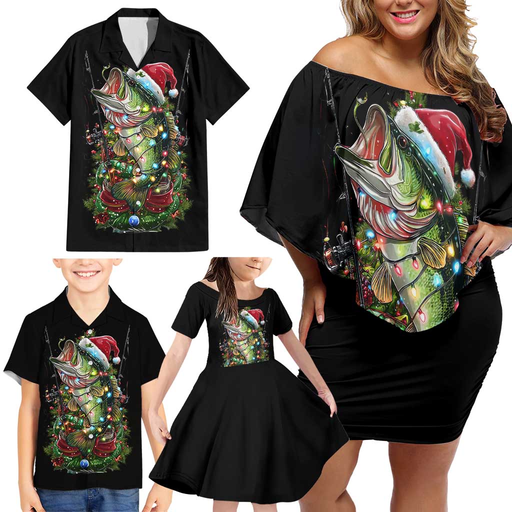 Custom Christmas Bass Fishing Family Matching Off Shoulder Short Dress and Hawaiian Shirt Santa Hat and Holiday Lights on Black Background - Wonder Print Shop