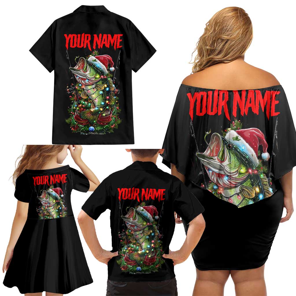 Custom Christmas Bass Fishing Family Matching Off Shoulder Short Dress and Hawaiian Shirt Santa Hat and Holiday Lights on Black Background - Wonder Print Shop