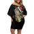 Custom Christmas Bass Fishing Family Matching Off Shoulder Short Dress and Hawaiian Shirt Santa Hat and Holiday Lights on Black Background - Wonder Print Shop