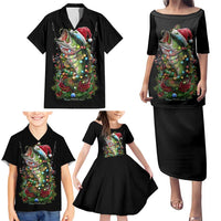 Custom Christmas Bass Fishing Family Matching Puletasi and Hawaiian Shirt Santa Hat and Holiday Lights on Black Background - Wonder Print Shop