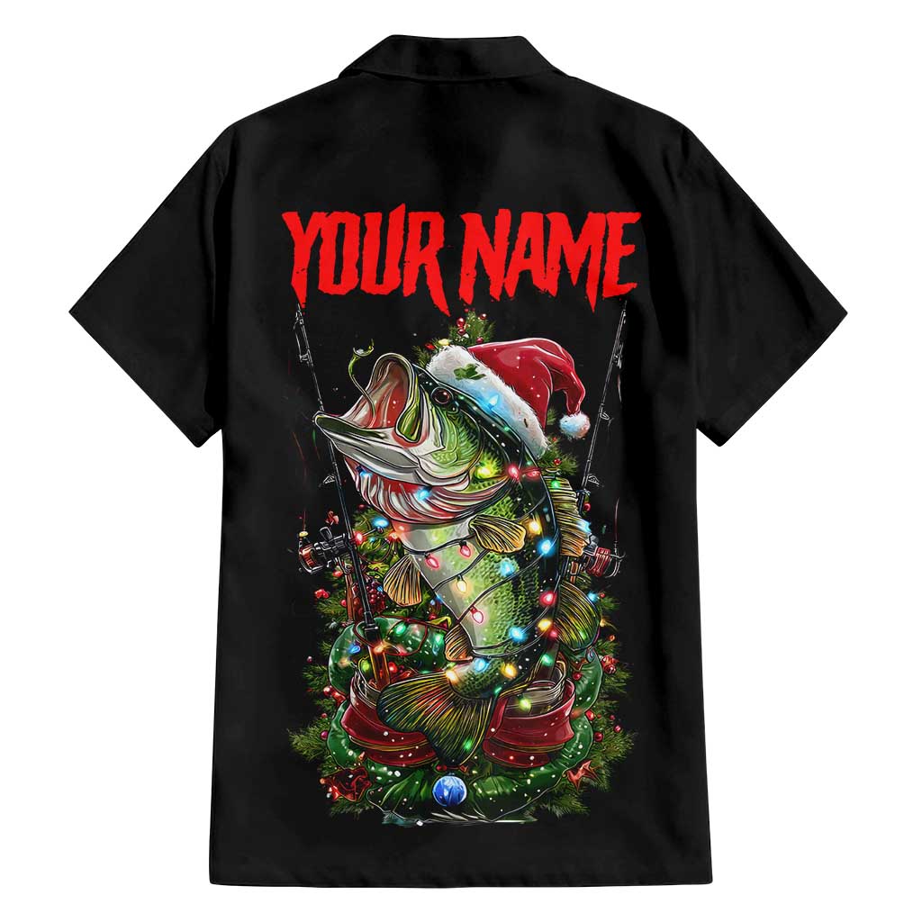 Custom Christmas Bass Fishing Family Matching Puletasi and Hawaiian Shirt Santa Hat and Holiday Lights on Black Background - Wonder Print Shop