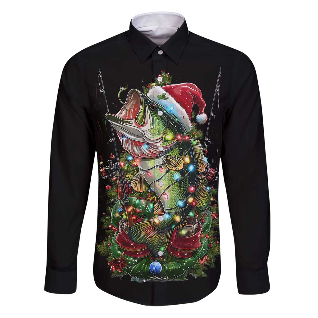 Custom Christmas Bass Fishing Family Matching Puletasi and Hawaiian Shirt Santa Hat and Holiday Lights on Black Background - Wonder Print Shop