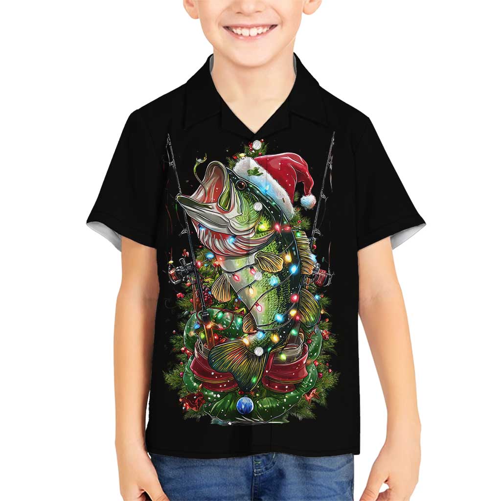 Custom Christmas Bass Fishing Family Matching Puletasi and Hawaiian Shirt Santa Hat and Holiday Lights on Black Background - Wonder Print Shop
