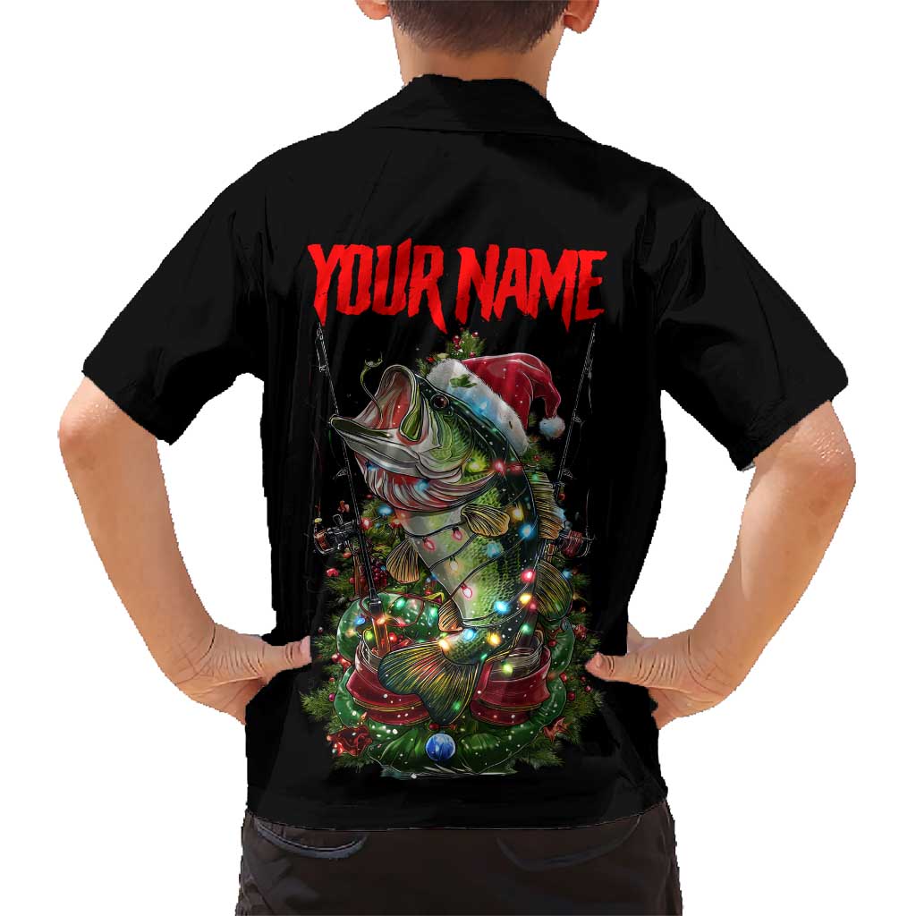 Custom Christmas Bass Fishing Family Matching Short Sleeve Bodycon Dress and Hawaiian Shirt Santa Hat and Holiday Lights on Black Background - Wonder Print Shop