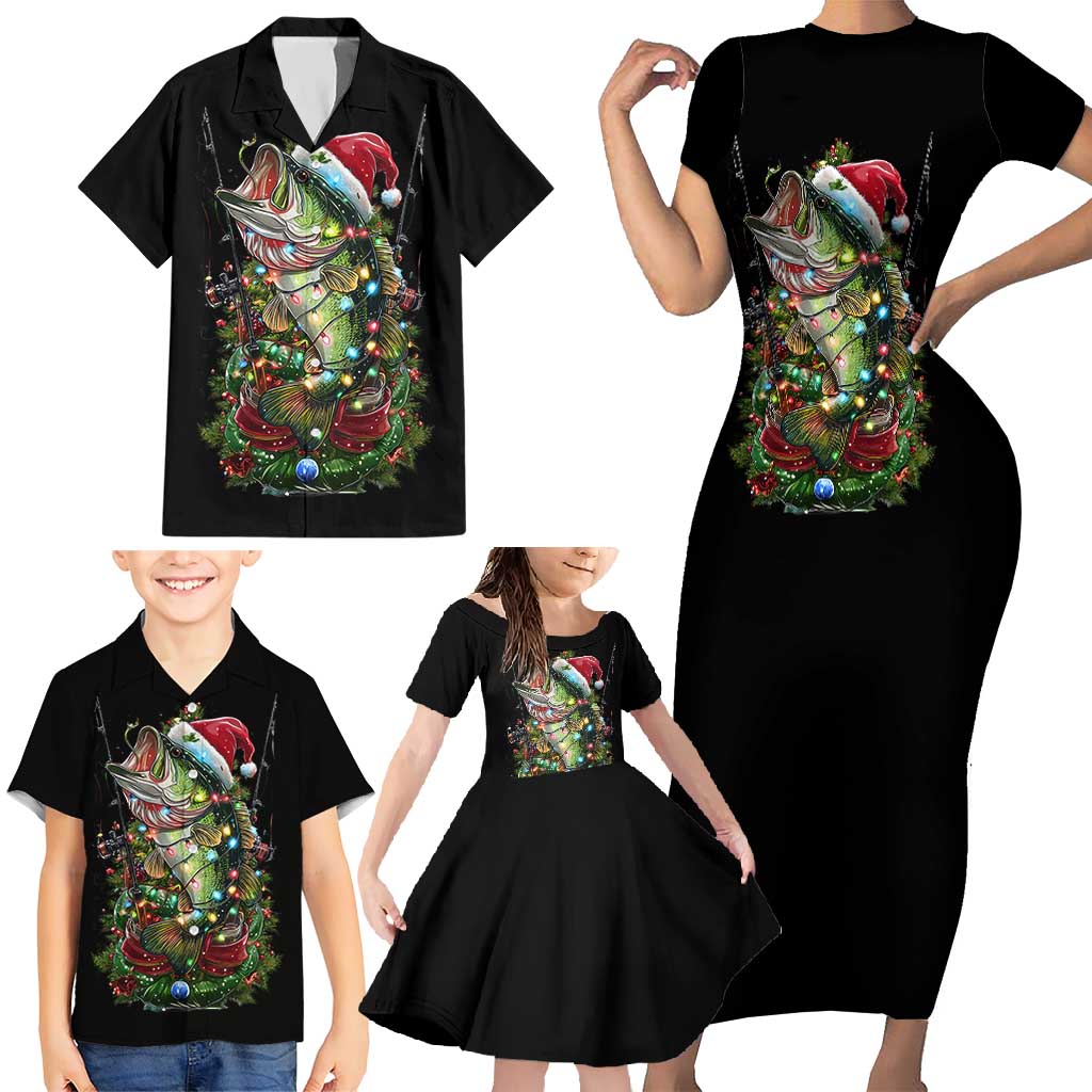 Custom Christmas Bass Fishing Family Matching Short Sleeve Bodycon Dress and Hawaiian Shirt Santa Hat and Holiday Lights on Black Background - Wonder Print Shop