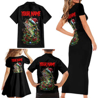 Custom Christmas Bass Fishing Family Matching Short Sleeve Bodycon Dress and Hawaiian Shirt Santa Hat and Holiday Lights on Black Background - Wonder Print Shop