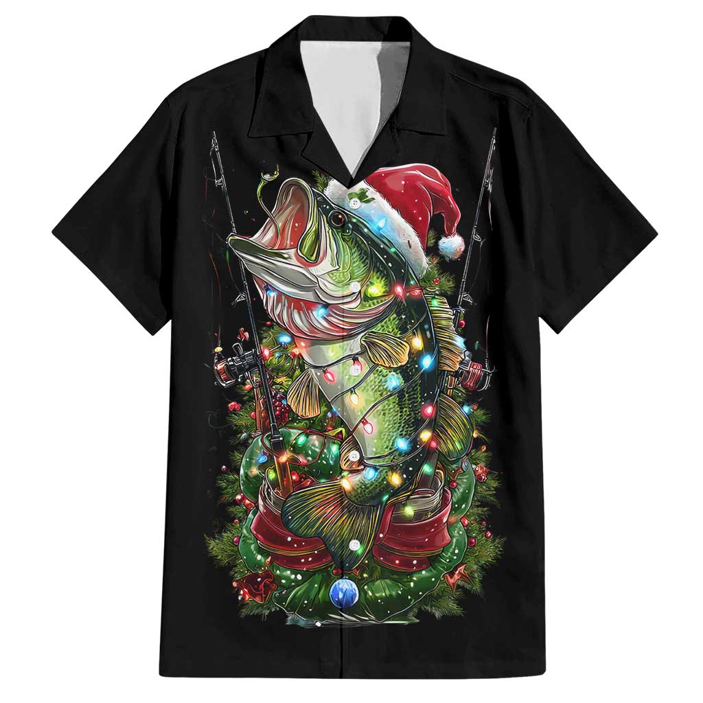 Custom Christmas Bass Fishing Family Matching Short Sleeve Bodycon Dress and Hawaiian Shirt Santa Hat and Holiday Lights on Black Background - Wonder Print Shop