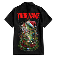 Custom Christmas Bass Fishing Family Matching Short Sleeve Bodycon Dress and Hawaiian Shirt Santa Hat and Holiday Lights on Black Background - Wonder Print Shop