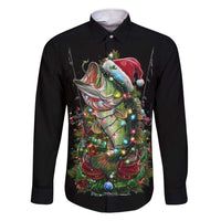 Custom Christmas Bass Fishing Family Matching Short Sleeve Bodycon Dress and Hawaiian Shirt Santa Hat and Holiday Lights on Black Background - Wonder Print Shop