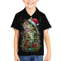 Custom Christmas Bass Fishing Family Matching Short Sleeve Bodycon Dress and Hawaiian Shirt Santa Hat and Holiday Lights on Black Background - Wonder Print Shop