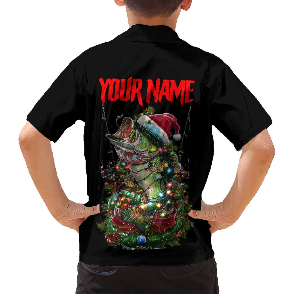Custom Christmas Bass Fishing Family Matching Summer Maxi Dress and Hawaiian Shirt Santa Hat and Holiday Lights on Black Background - Wonder Print Shop