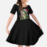 Custom Christmas Bass Fishing Family Matching Summer Maxi Dress and Hawaiian Shirt Santa Hat and Holiday Lights on Black Background - Wonder Print Shop