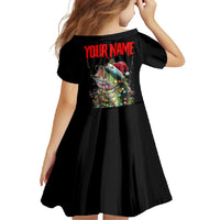 Custom Christmas Bass Fishing Family Matching Summer Maxi Dress and Hawaiian Shirt Santa Hat and Holiday Lights on Black Background - Wonder Print Shop