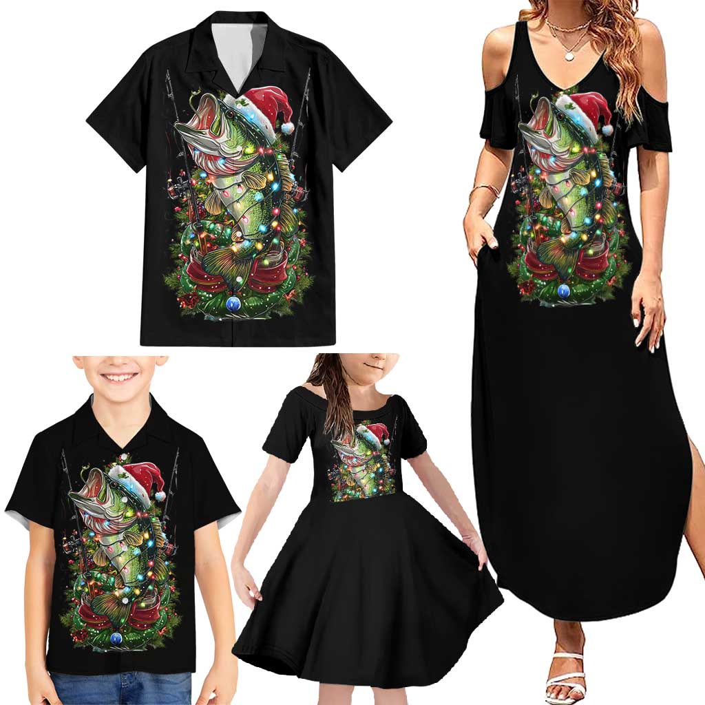 Custom Christmas Bass Fishing Family Matching Summer Maxi Dress and Hawaiian Shirt Santa Hat and Holiday Lights on Black Background - Wonder Print Shop