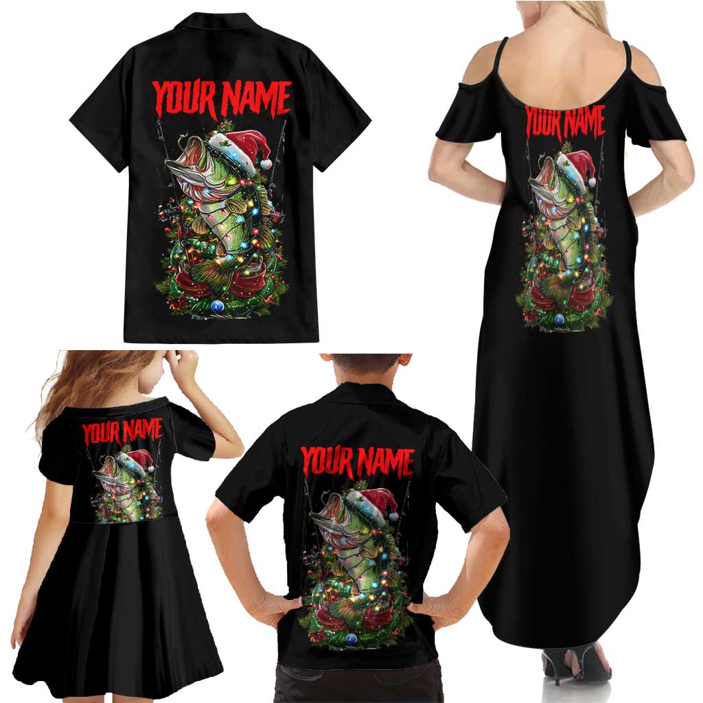 Custom Christmas Bass Fishing Family Matching Summer Maxi Dress and Hawaiian Shirt Santa Hat and Holiday Lights on Black Background - Wonder Print Shop