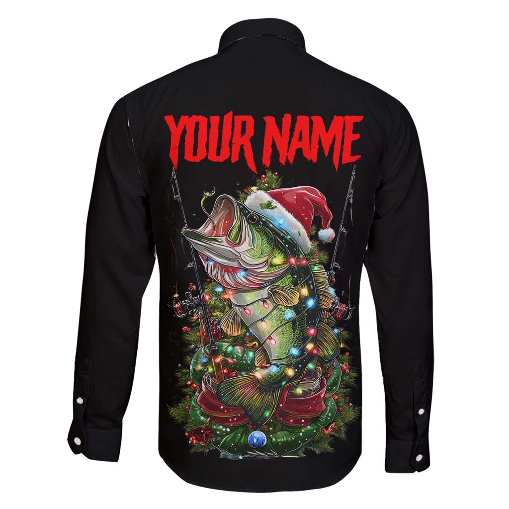 Custom Christmas Bass Fishing Family Matching Summer Maxi Dress and Hawaiian Shirt Santa Hat and Holiday Lights on Black Background - Wonder Print Shop