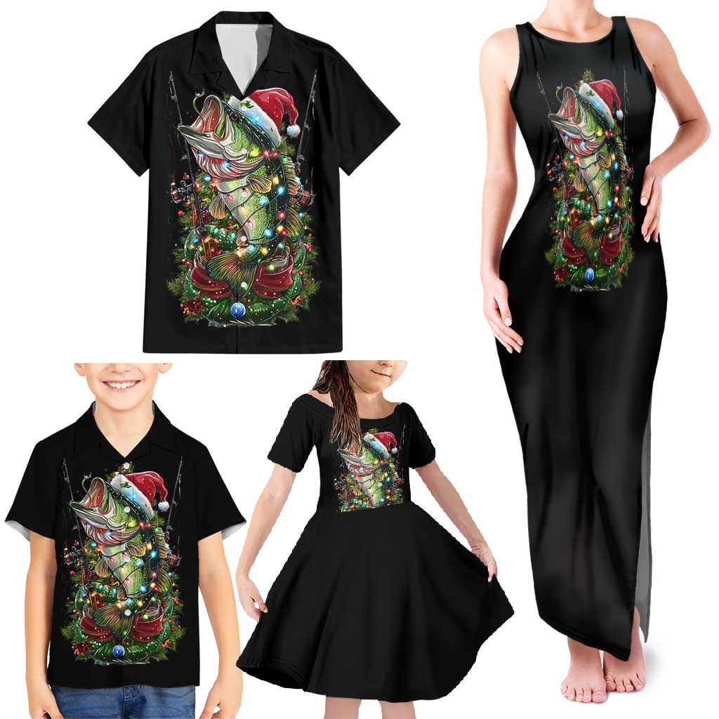 Custom Christmas Bass Fishing Family Matching Tank Maxi Dress and Hawaiian Shirt Santa Hat and Holiday Lights on Black Background - Wonder Print Shop