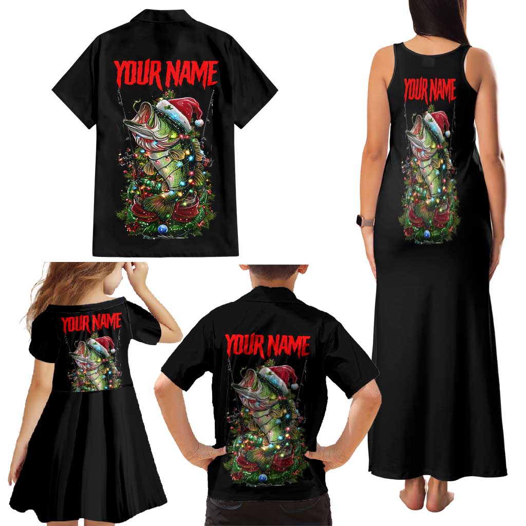 Custom Christmas Bass Fishing Family Matching Tank Maxi Dress and Hawaiian Shirt Santa Hat and Holiday Lights on Black Background - Wonder Print Shop