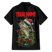 Custom Christmas Bass Fishing Family Matching Tank Maxi Dress and Hawaiian Shirt Santa Hat and Holiday Lights on Black Background - Wonder Print Shop
