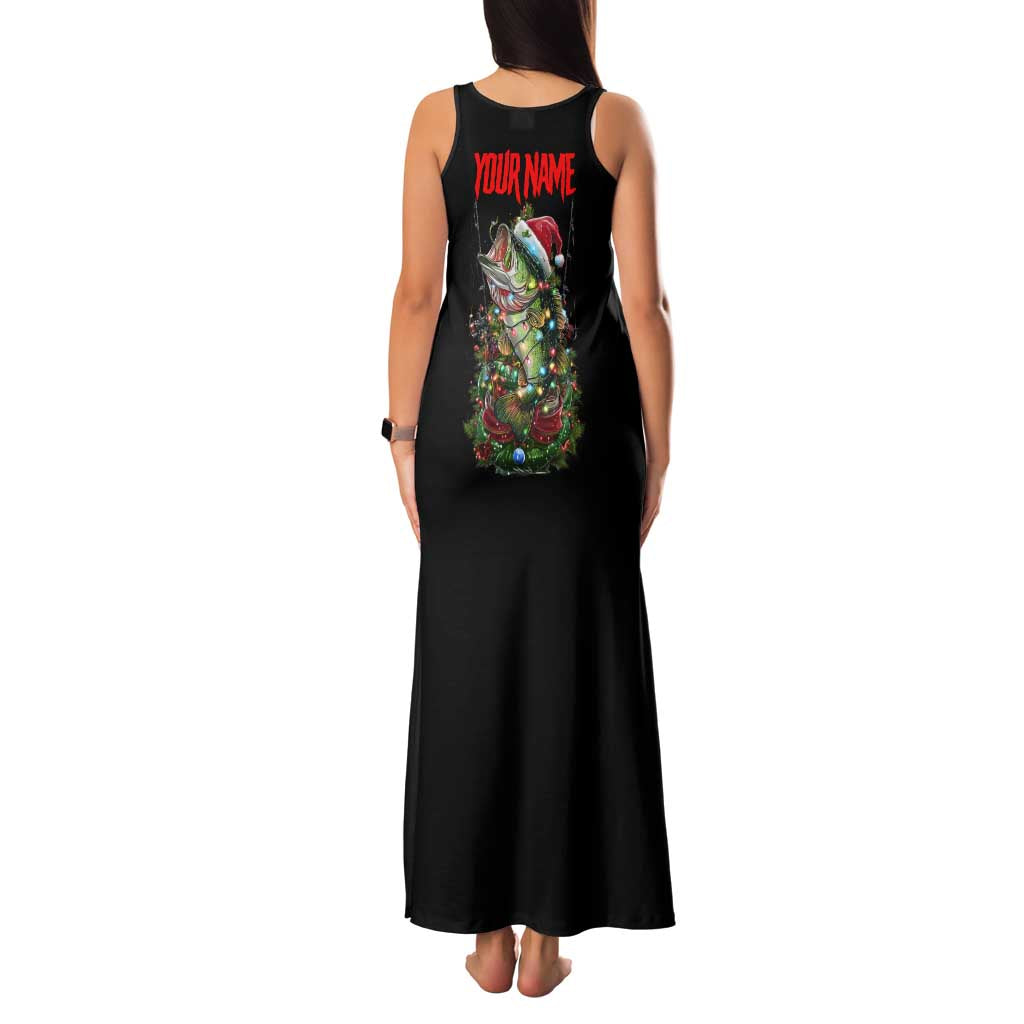 Custom Christmas Bass Fishing Family Matching Tank Maxi Dress and Hawaiian Shirt Santa Hat and Holiday Lights on Black Background - Wonder Print Shop