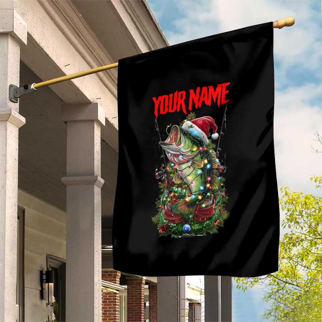 Custom Christmas Bass Fishing Garden Flag Santa Hat and Holiday Lights on Black Background - Wonder Print Shop
