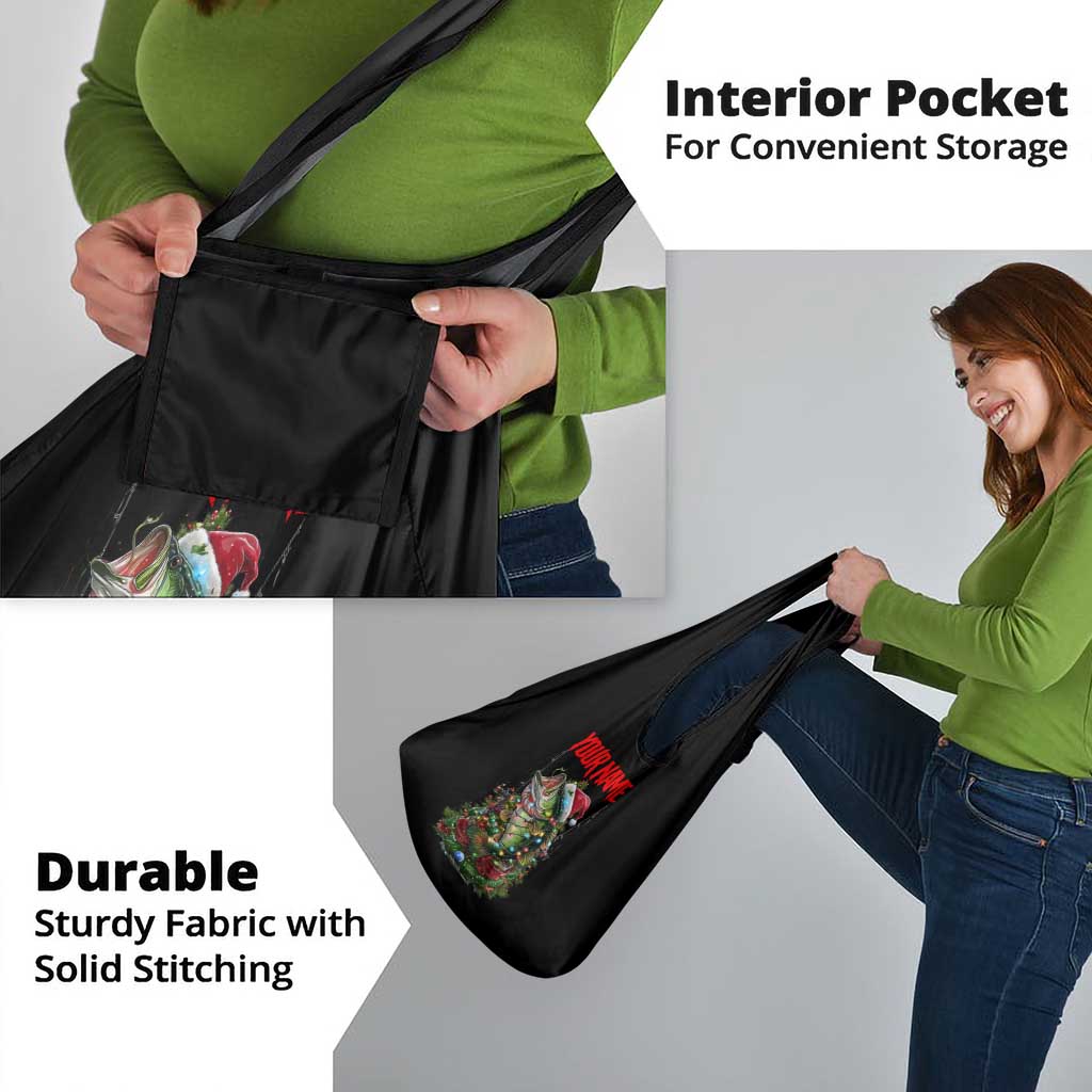 Custom Christmas Bass Fishing Grocery Bag Santa Hat and Holiday Lights on Black Background - Wonder Print Shop