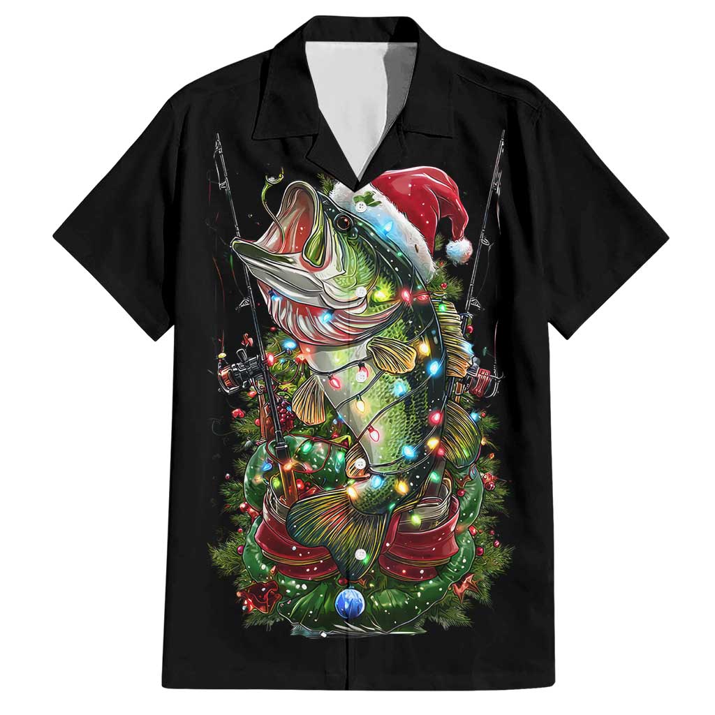 Custom Christmas Bass Fishing Hawaiian Shirt Santa Hat and Holiday Lights on Black Background - Wonder Print Shop