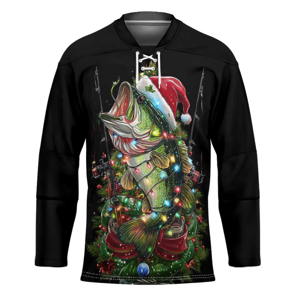 Custom Christmas Bass Fishing Hockey Jersey Santa Hat and Holiday Lights on Black Background - Wonder Print Shop