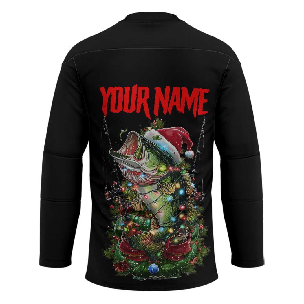 Custom Christmas Bass Fishing Hockey Jersey Santa Hat and Holiday Lights on Black Background - Wonder Print Shop