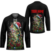 Custom Christmas Bass Fishing Hockey Jersey Santa Hat and Holiday Lights on Black Background - Wonder Print Shop
