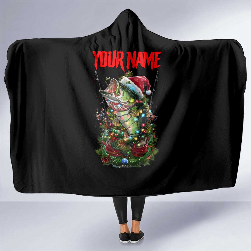 Custom Christmas Bass Fishing Hooded Blanket Santa Hat and Holiday Lights on Black Background - Wonder Print Shop