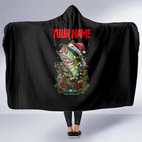 Custom Christmas Bass Fishing Hooded Blanket Santa Hat and Holiday Lights on Black Background - Wonder Print Shop