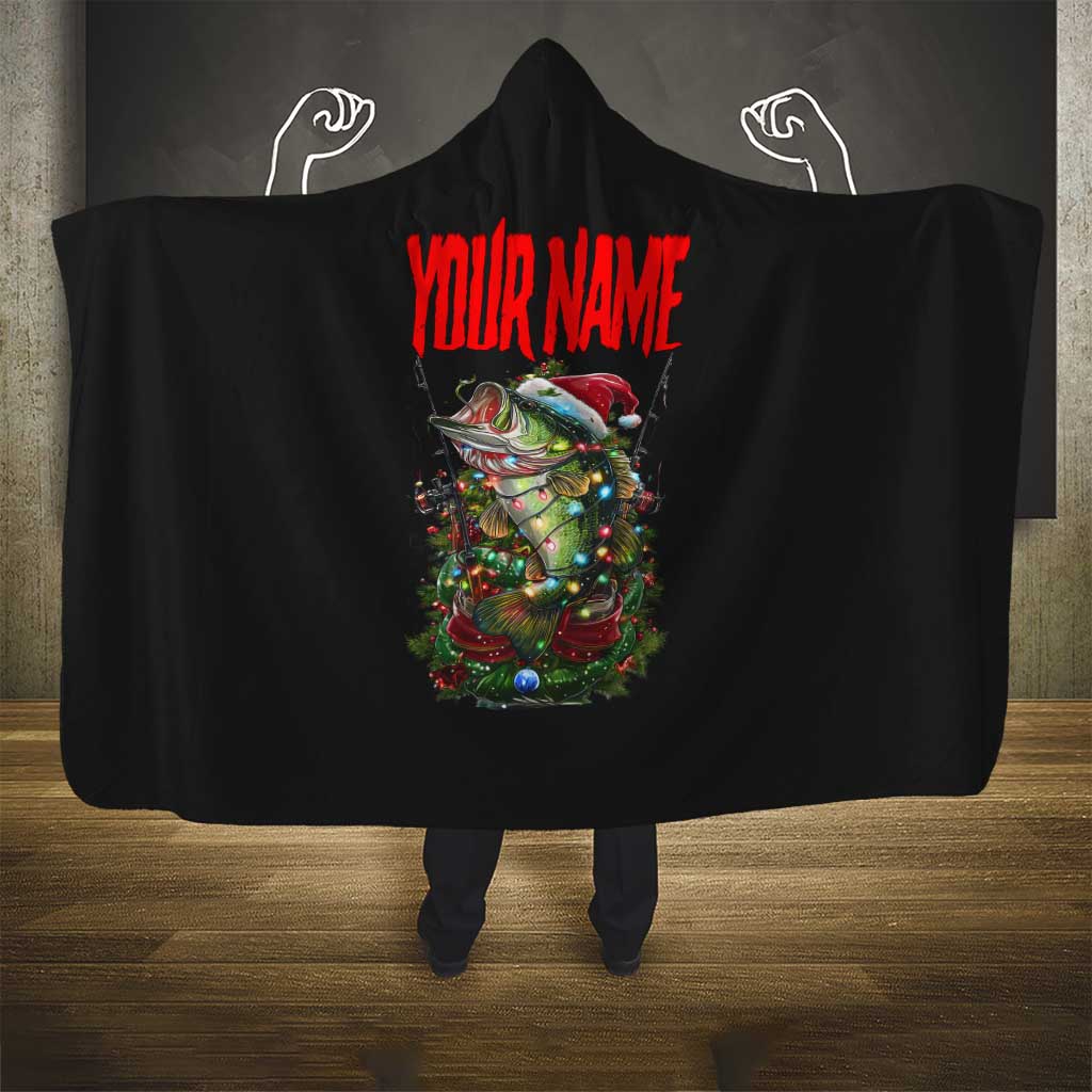 Custom Christmas Bass Fishing Hooded Blanket Santa Hat and Holiday Lights on Black Background - Wonder Print Shop