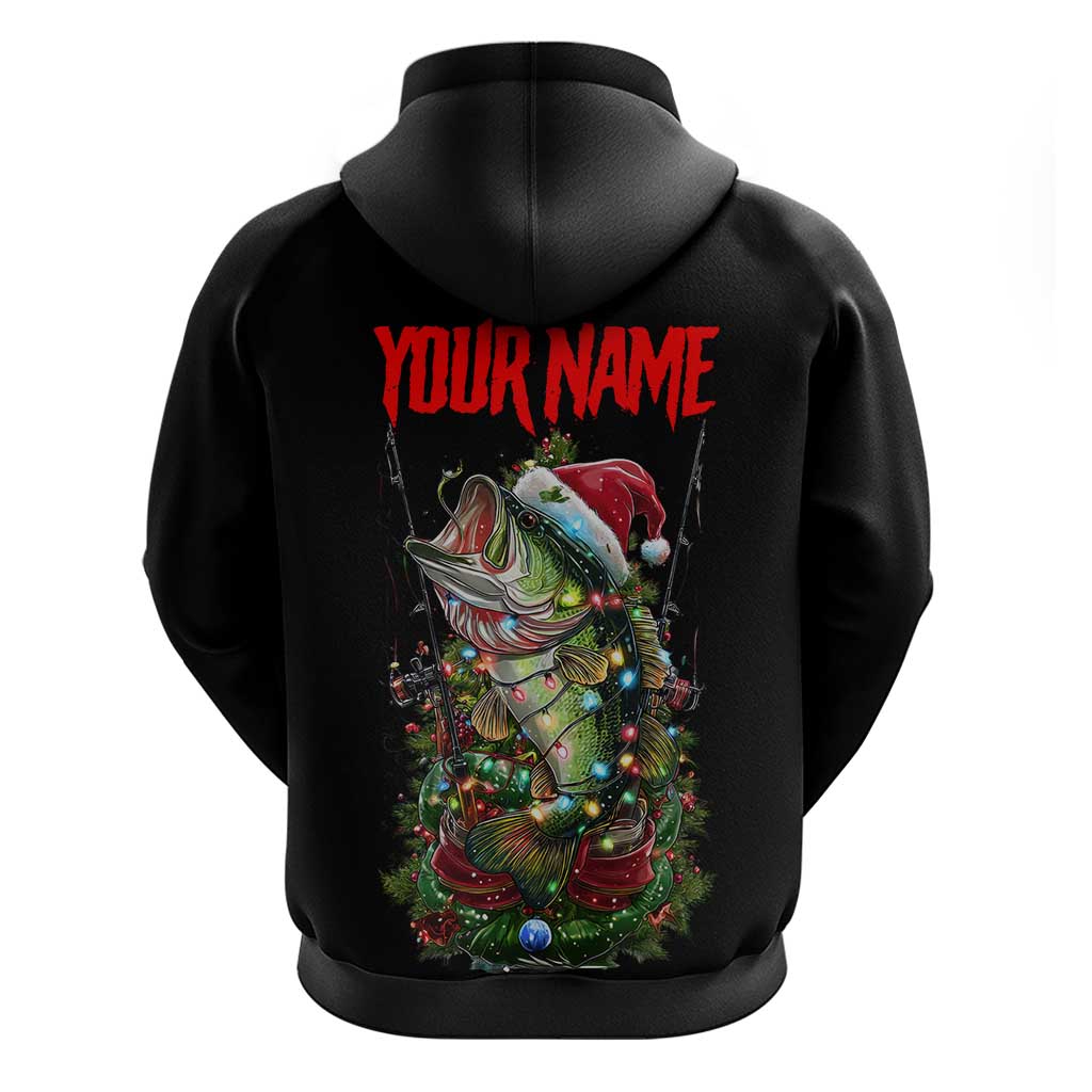 Custom Christmas Bass Fishing Hoodie Santa Hat and Holiday Lights on Black Background - Wonder Print Shop