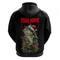 Custom Christmas Bass Fishing Hoodie Santa Hat and Holiday Lights on Black Background - Wonder Print Shop