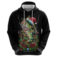 Custom Christmas Bass Fishing Hoodie Santa Hat and Holiday Lights on Black Background - Wonder Print Shop