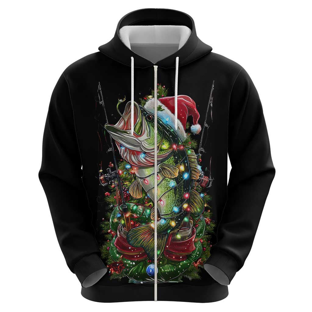 Custom Christmas Bass Fishing Hoodie Santa Hat and Holiday Lights on Black Background - Wonder Print Shop