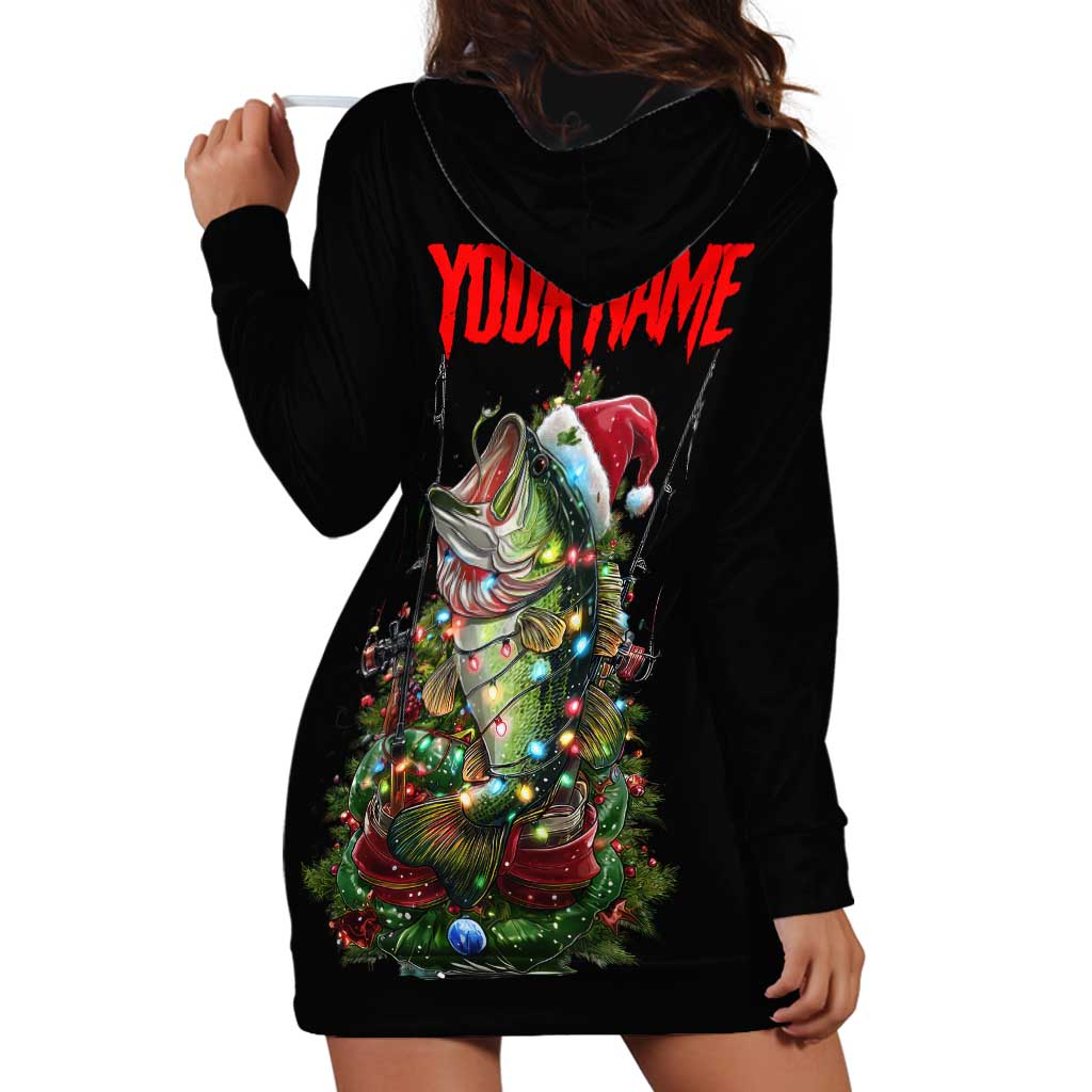 Custom Christmas Bass Fishing Hoodie Dress Santa Hat and Holiday Lights on Black Background - Wonder Print Shop