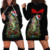 Custom Christmas Bass Fishing Hoodie Dress Santa Hat and Holiday Lights on Black Background - Wonder Print Shop