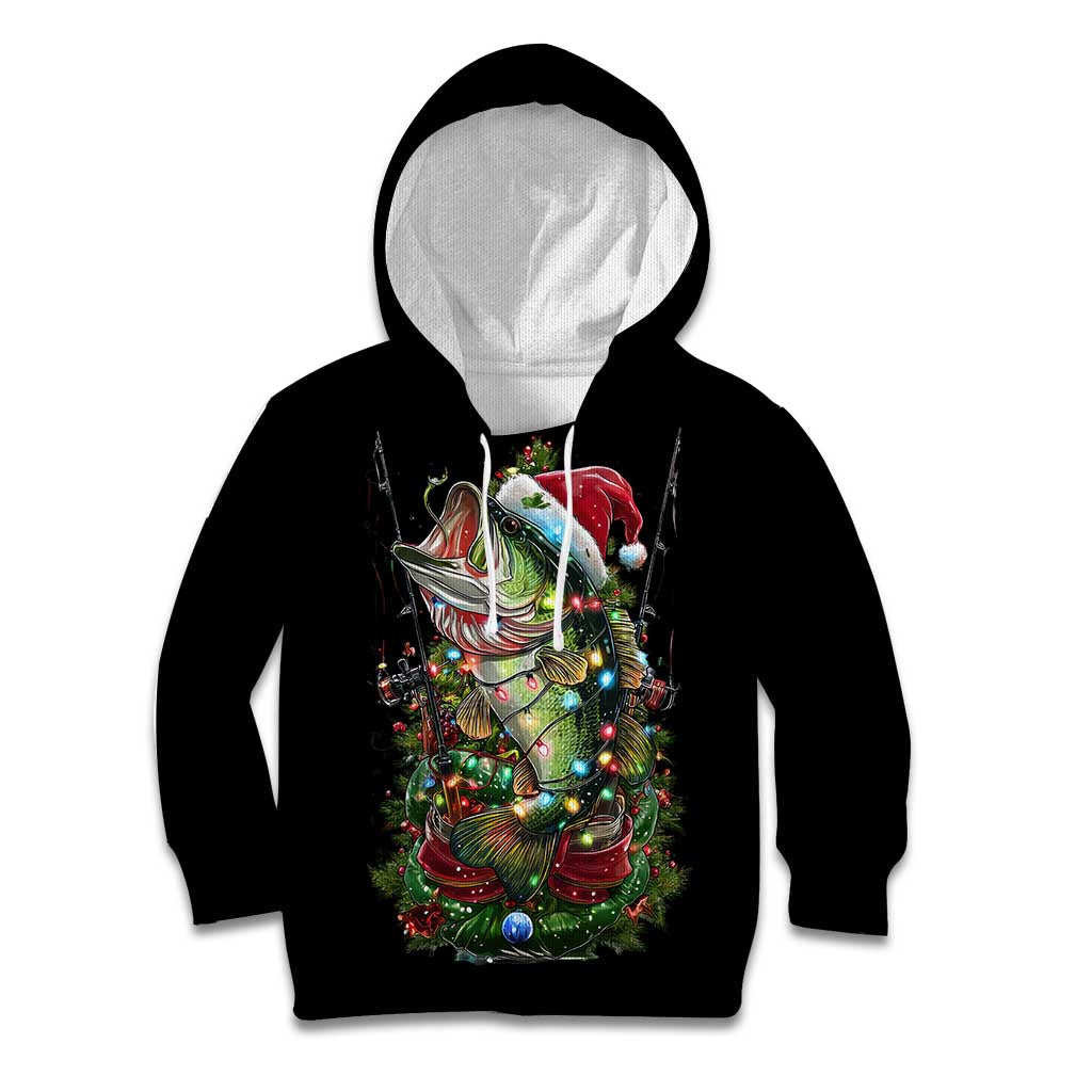 Custom Christmas Bass Fishing Kid Hoodie Santa Hat and Holiday Lights on Black Background - Wonder Print Shop
