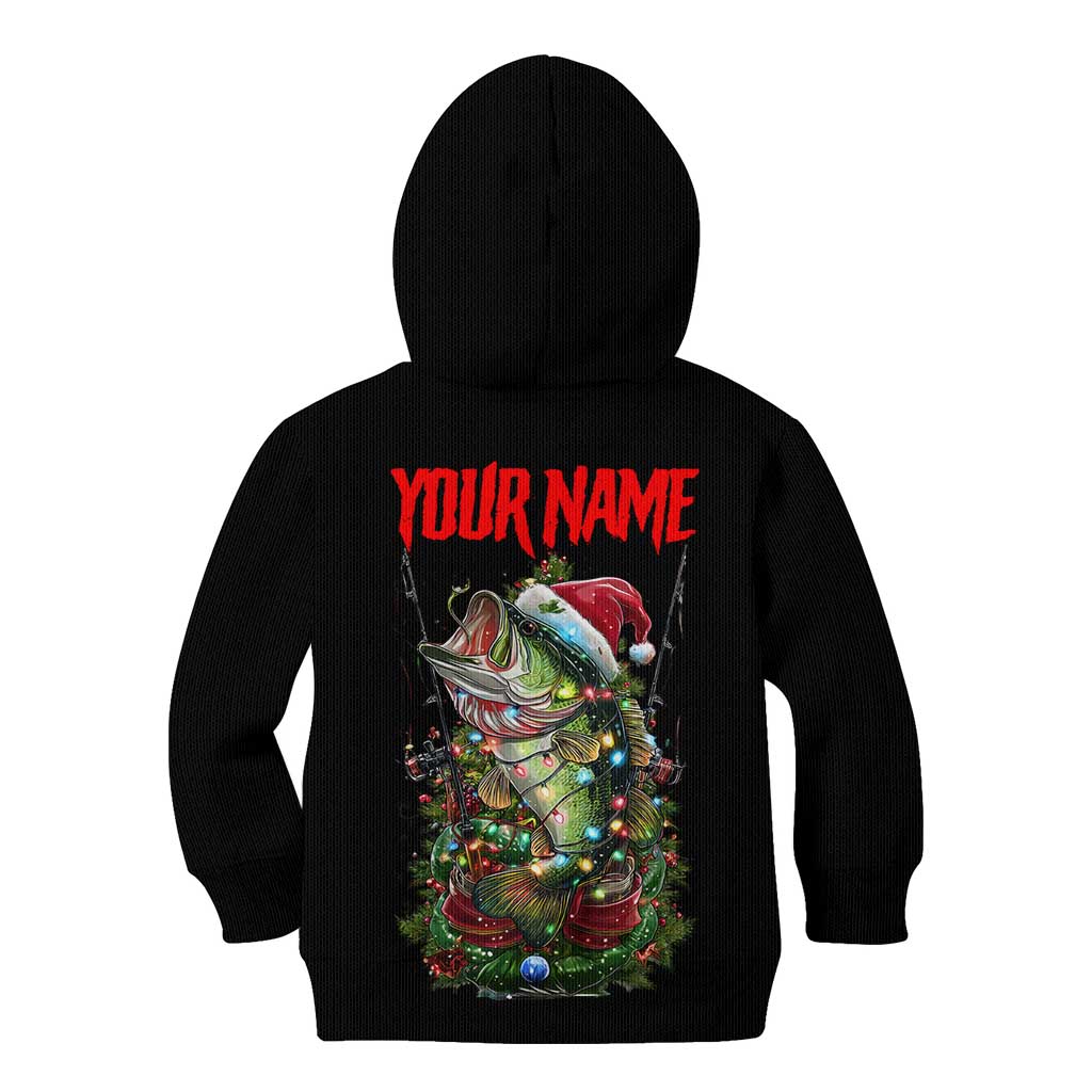 Custom Christmas Bass Fishing Kid Hoodie Santa Hat and Holiday Lights on Black Background - Wonder Print Shop