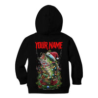 Custom Christmas Bass Fishing Kid Hoodie Santa Hat and Holiday Lights on Black Background - Wonder Print Shop