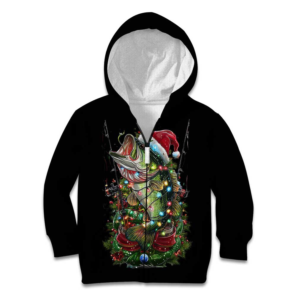 Custom Christmas Bass Fishing Kid Hoodie Santa Hat and Holiday Lights on Black Background - Wonder Print Shop