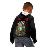 Custom Christmas Bass Fishing Kid Hoodie Santa Hat and Holiday Lights on Black Background - Wonder Print Shop