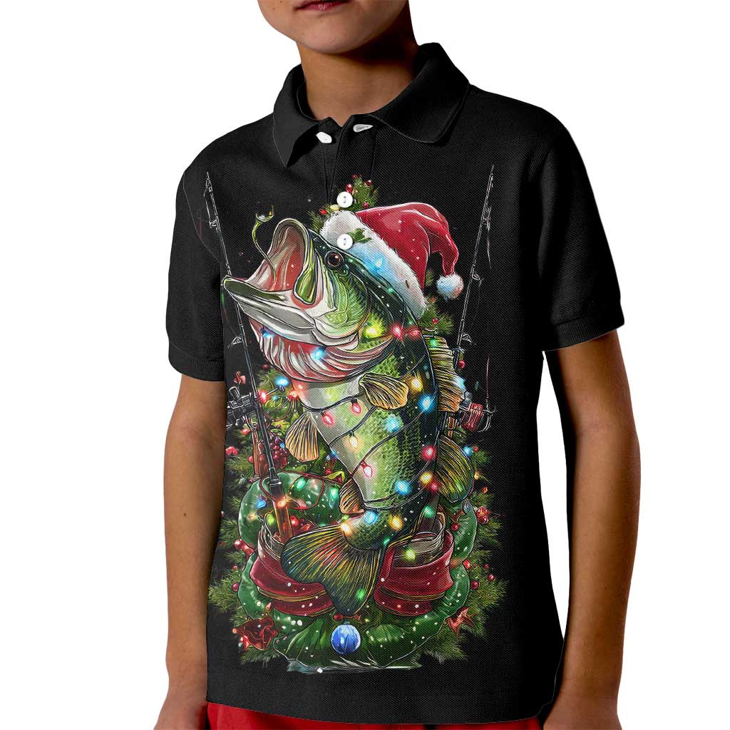 Custom Christmas Bass Fishing Kid Polo Shirt Santa Hat and Holiday Lights on Black Background - Wonder Print Shop