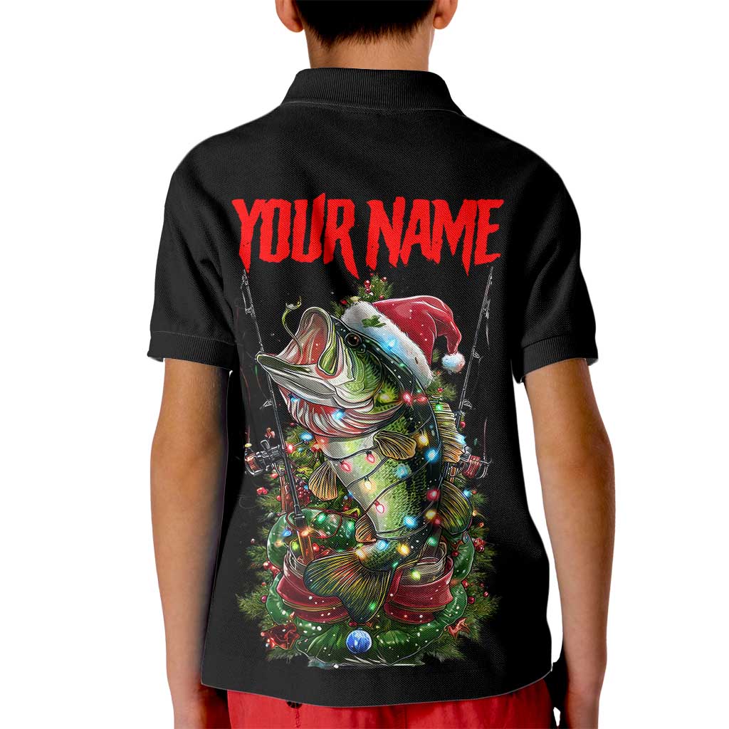 Custom Christmas Bass Fishing Kid Polo Shirt Santa Hat and Holiday Lights on Black Background - Wonder Print Shop